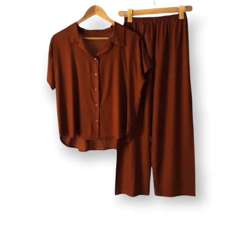 PIYAMA | BAJU TIDUR WANITA | SETELAN WANITA | PIYAMA WANITA | PIYAMA RAYON | PAJAMAS | PIYAMA JUMBO-Coklat bata