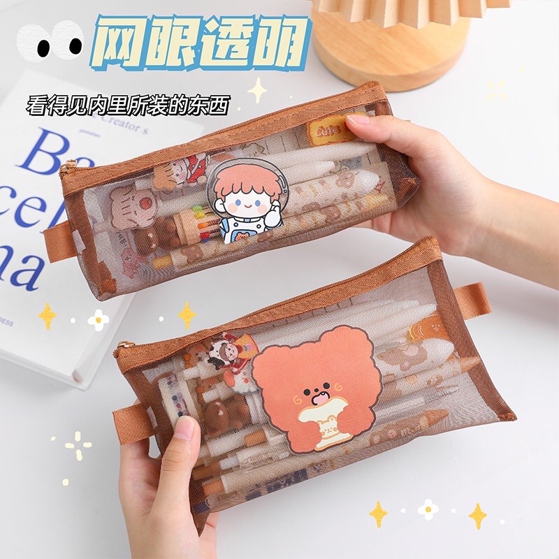 [READY STOCK BISA COD] Kotak Pensil Jaring Motif Lucu Karakter Kartun Hewan Beruang Planet Gemoy Kawaii Pencil Case Pouch Make Up Alat Tulis Cute Gaya Remaja Korea Anak Perempuan Fancy Pink Beruang Transparan Aesthetic Terbaru Viral Tiktok Resleting