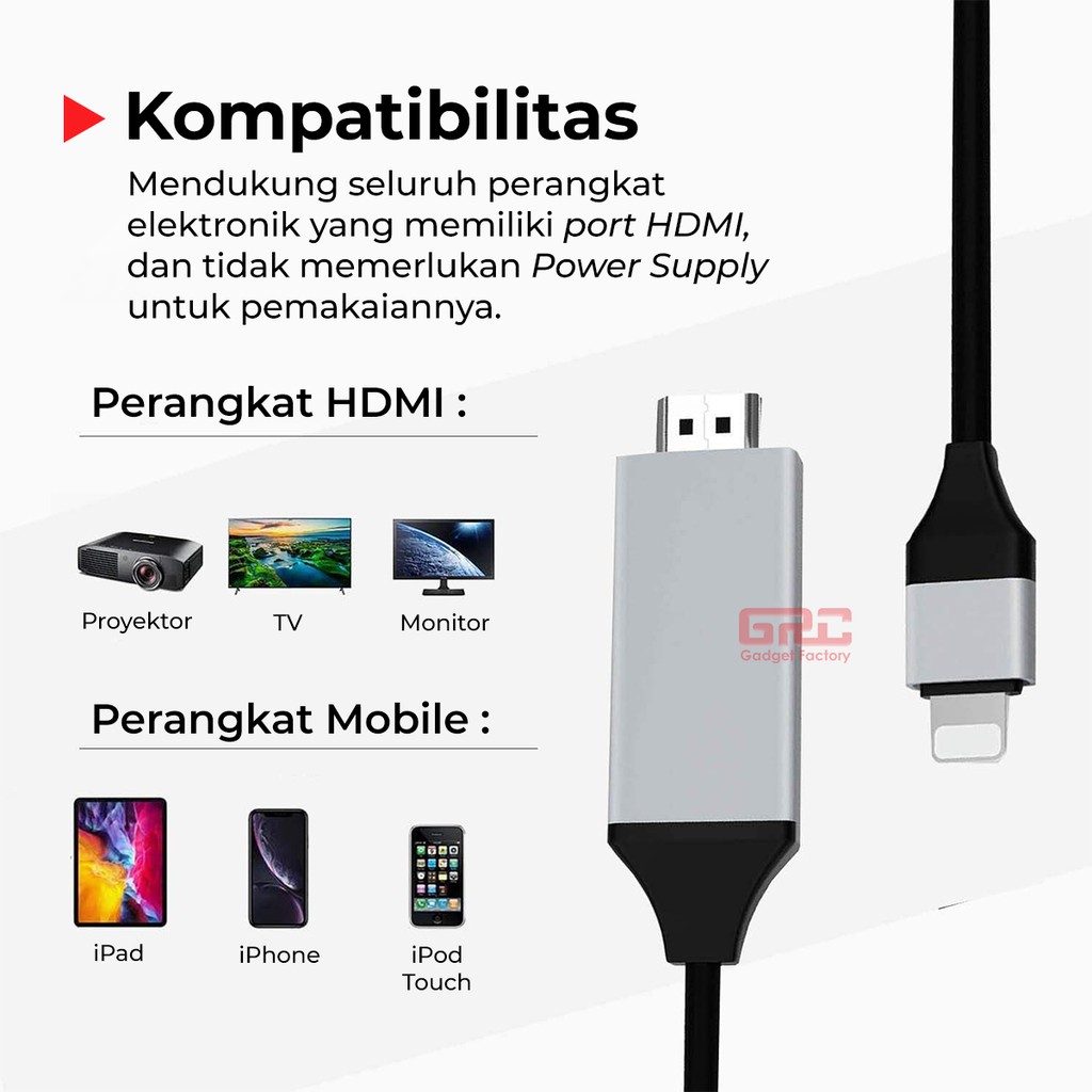 Kabel Adapter Lightning to HDMI Connector iPhone iPad to TV Monitor