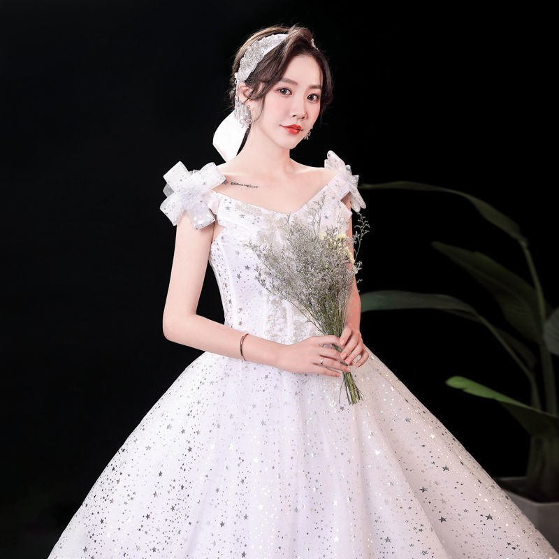 156 White Bling Bling Off Shoulder Long Tail Women Party Wedding Gown Dress Bridal Wedding Dress