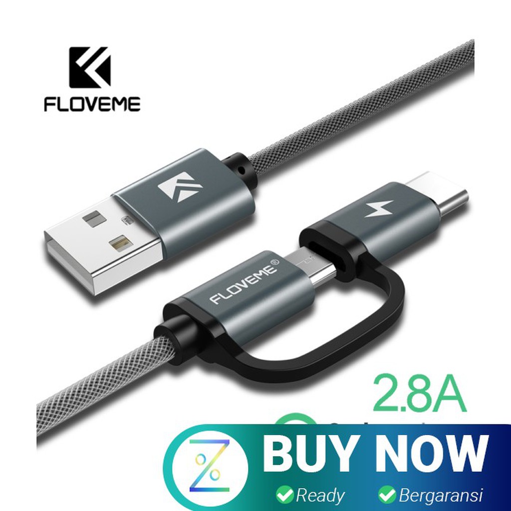 Floveme Kabel Charger 2 in 1 Micro USB + USB Type C QC3.0 2.8A 80cm -