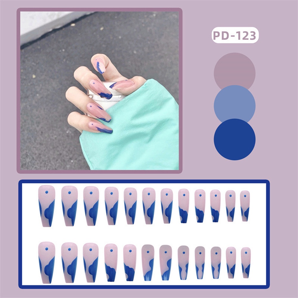 24pcs / SET Patch stiker Kuku Motif Polkadot pink Biru Tahan Air Dengan Lem Untuk Wanita