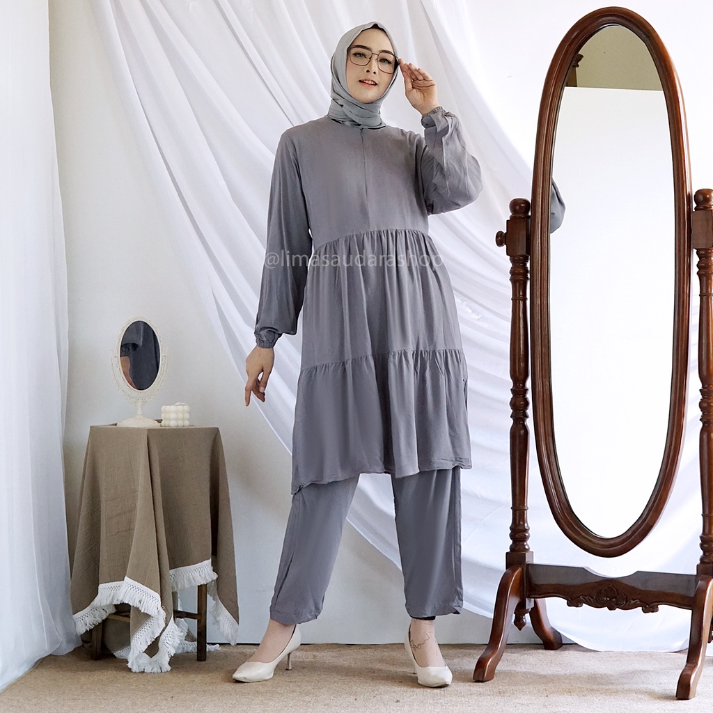 Setelan Alma - Gamis Syari Wanita Lux Maxi Setelan Celana Panjang Resleting Depan Set Baju Muslim Gamis Pesta Raya Lebaran 2022