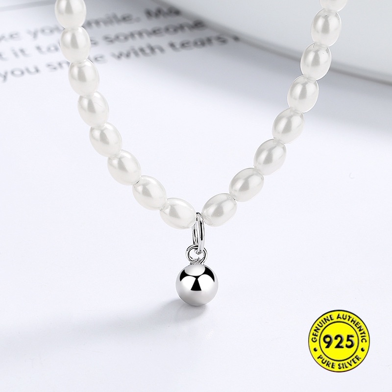 Kalung Rantai Klavikula Bahan S925 Silver Hias Bola Mutiara Gaya Perancis Untuk Wanita