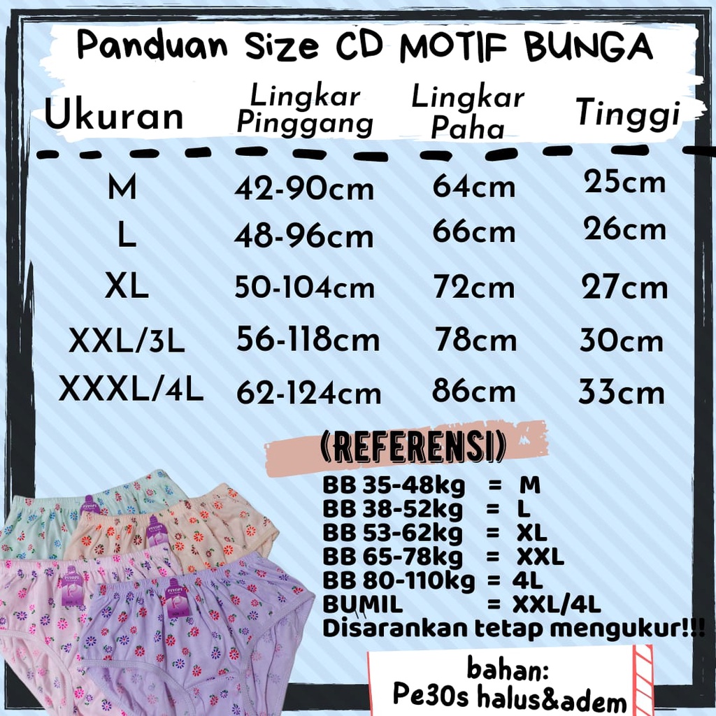 Celana Dalam Wanita Motif Bunga Polos (12 PCS) CD Kembang Ecer XXXL XXL XL CD Jumbo Ibu Hamil Elastis 1 Lusin