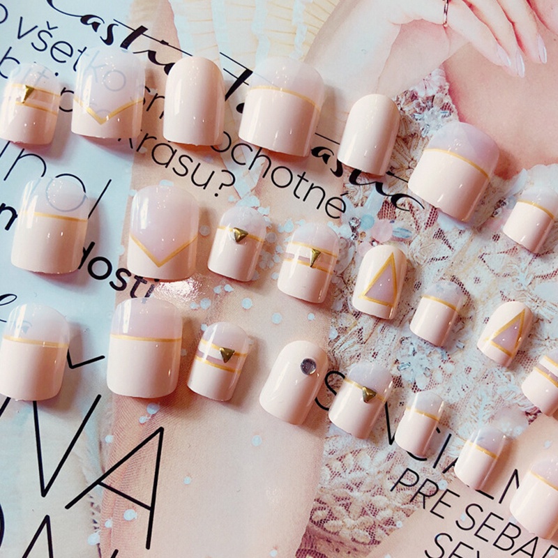 24 Pcs Kuku Palsu Full Cover Gaya Perancis Untuk Nail Art