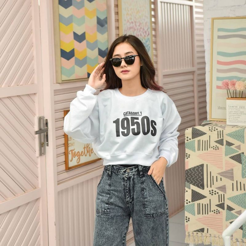 1950S Sweater Crop Oversize Wanita | Crewneck Crop Basic Oversize Korean Style | Sweater Croope