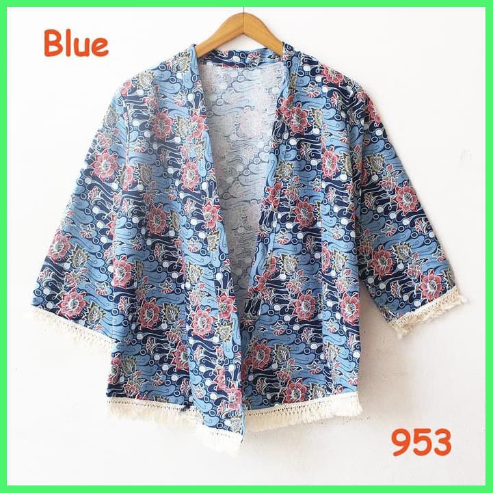 CARDIGAN KIMONO TRIBAL BATIK BUNGA MATAHARI KATUN ADEM RUMBAI CREAM