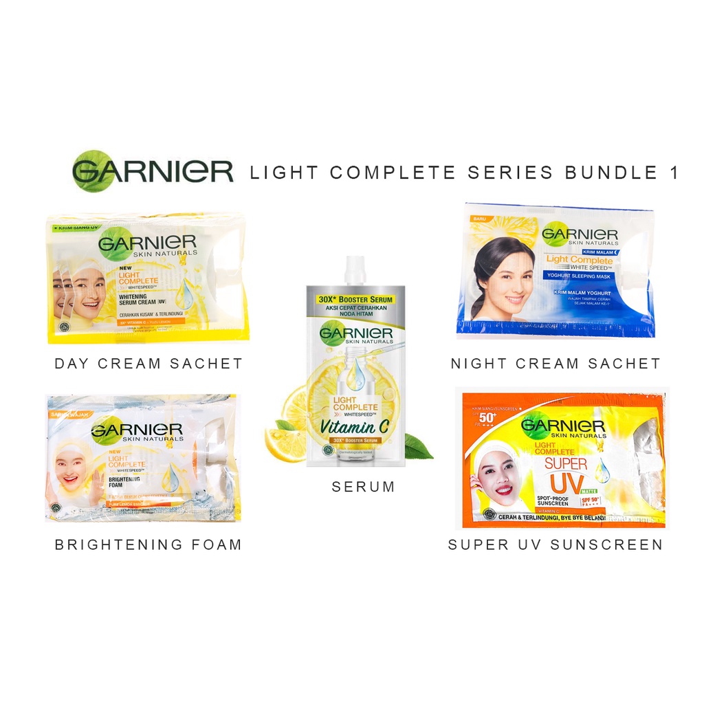 GARNIER Light Complete Sachet Series - Paket lengkap Paling Murah Garnier Perawatan Wajah ( Night Cream 7ml, Day Cream 7ml, Facial Foam 9ml, Sunscreen 7ml, Serum 7,5ml )