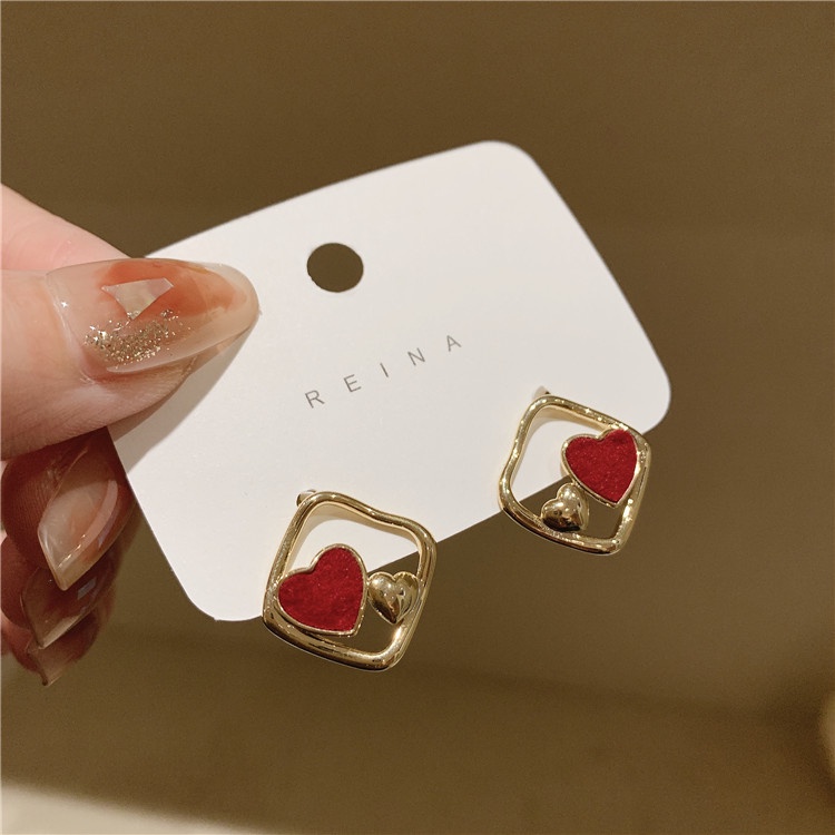 Anting Tusuk Sterling Silver 925 Desain Hati Merah Gaya Korea Elegan Untuk Wanita