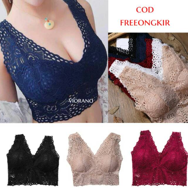 Camisol Padded Hiasan Renda Cantik Warna Polos Bralette Pendek Dengan Cup Busa Bra