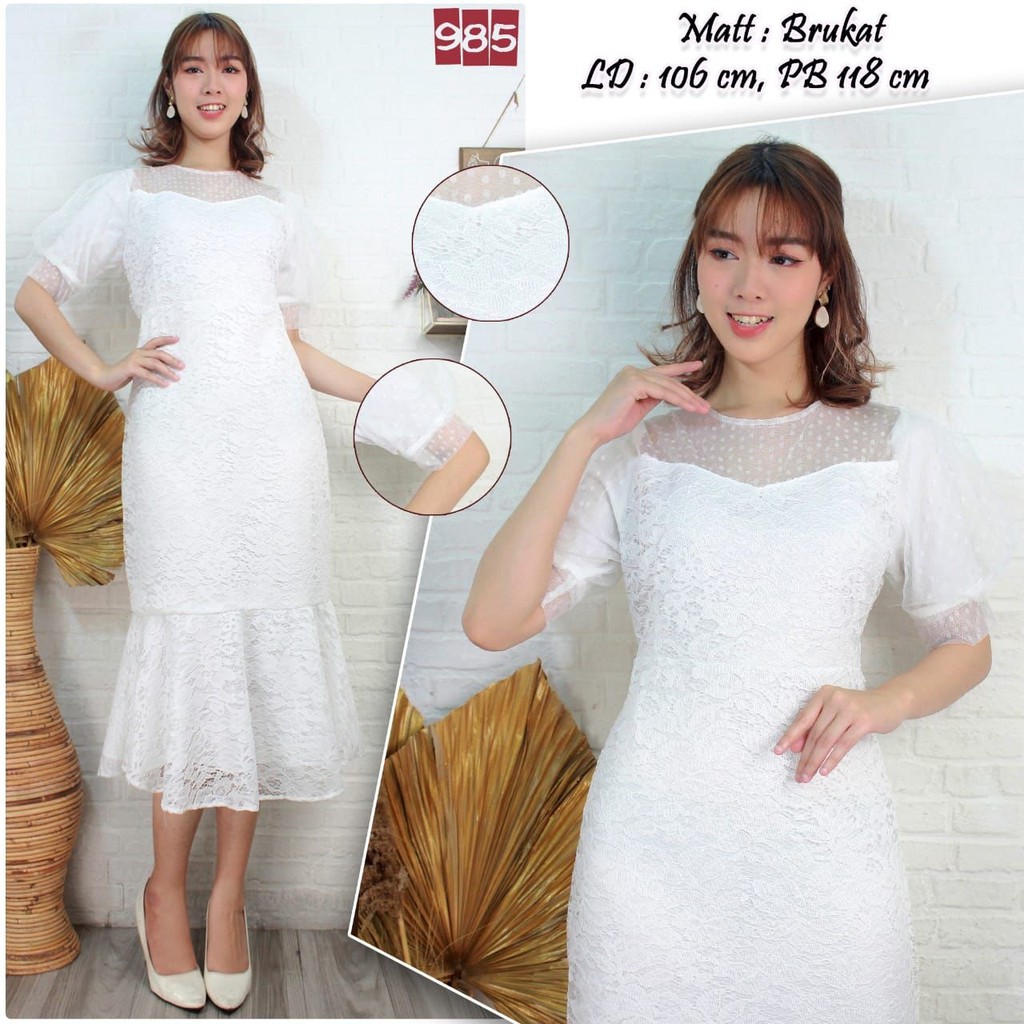 Dress brukat putih Ms 985 Dress Whitenes Brukat dress brokat tile duyung mermaid dress natal gereja 