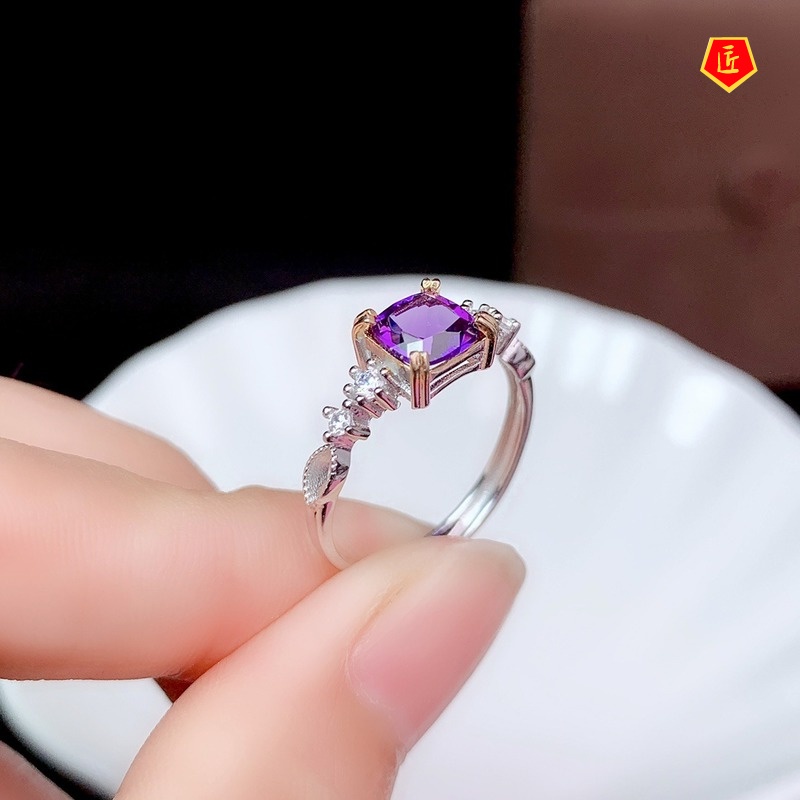 [Ready Stock]Elegant Creative Amethyst Square Diamond Ring for Women