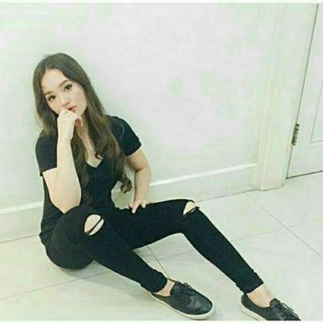 Celana jeans sobek lutut wanita ripped jeans street melar