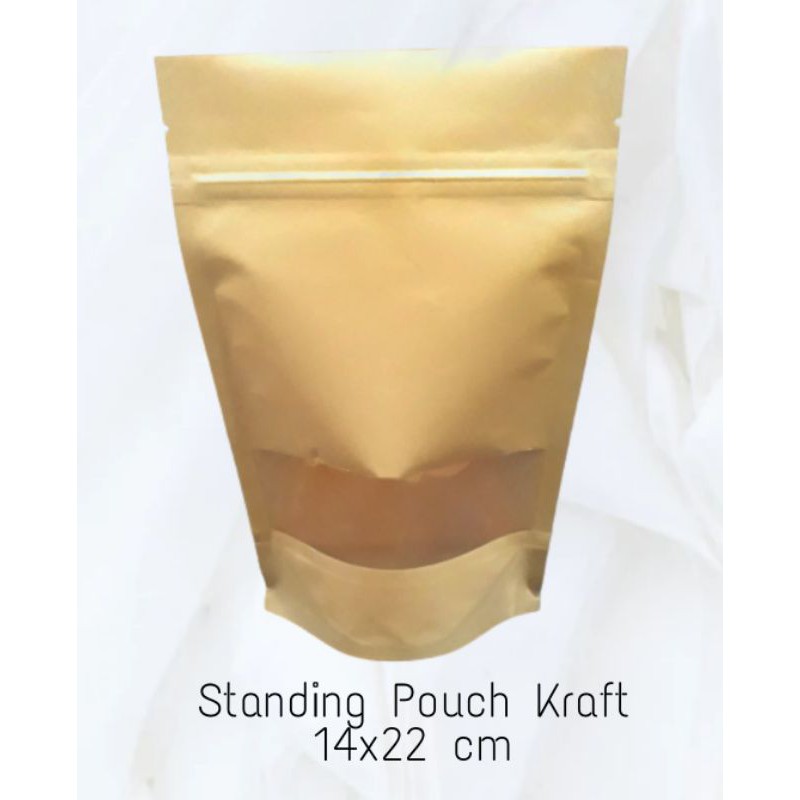 (ISI 10) Standing Pouch Kraft Brown Paper Window 14x22 / Kemasan Packaging Plastik Klip Seal Coklat