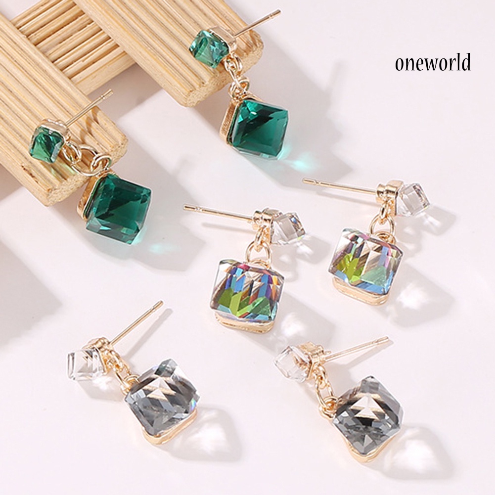 OW@ Women Fashion Geometric Cube Rhinestone Pendant Stud Earrings Party Jewelry