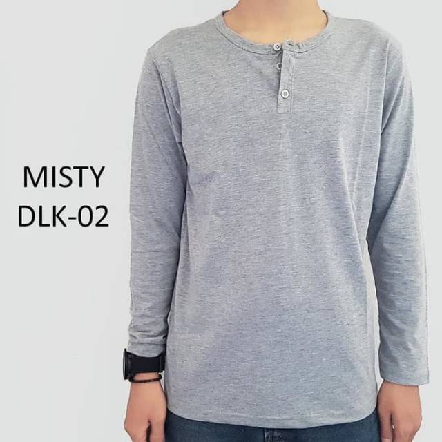 Kaos Kancing Henley Lengan Panjang Polos Best Seller Abu Misty Muda