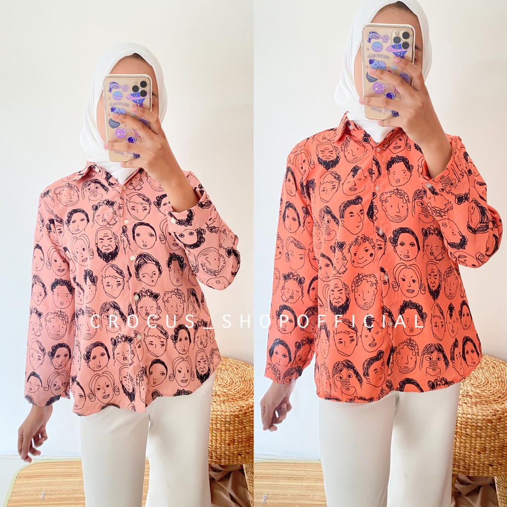 [ 𝐂𝐫𝐨𝐜𝐮𝐬 ] Kemeja wanita retro korea Face mix Wolfis-1