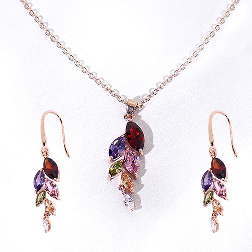 Hu Hu Hu Hu Hu Alat Bantu Pasang Kacamata♡ Set Anting Dan Kalung Rantai Desain Daun Aksen Kristal Berlian Imitasi Untuk Wanita