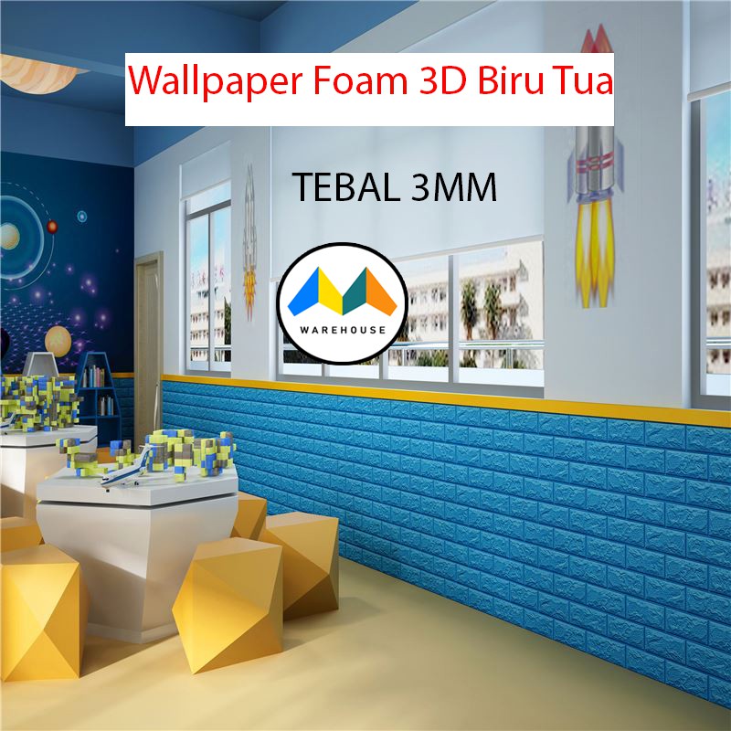 MW Wallpaper Foam Biru Tua Bata 3D Bata Warna Biru Tua Premium Wall Paper Sticker Tebal 3MM
