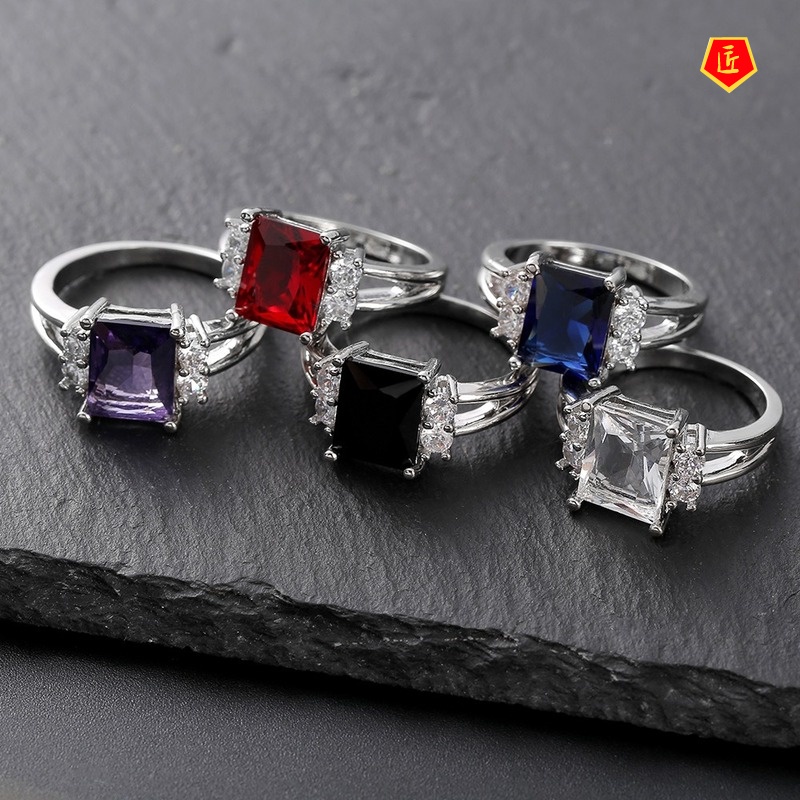 [Ready Stock]Simple Korean Style Platinum Square Colored Gems Ring