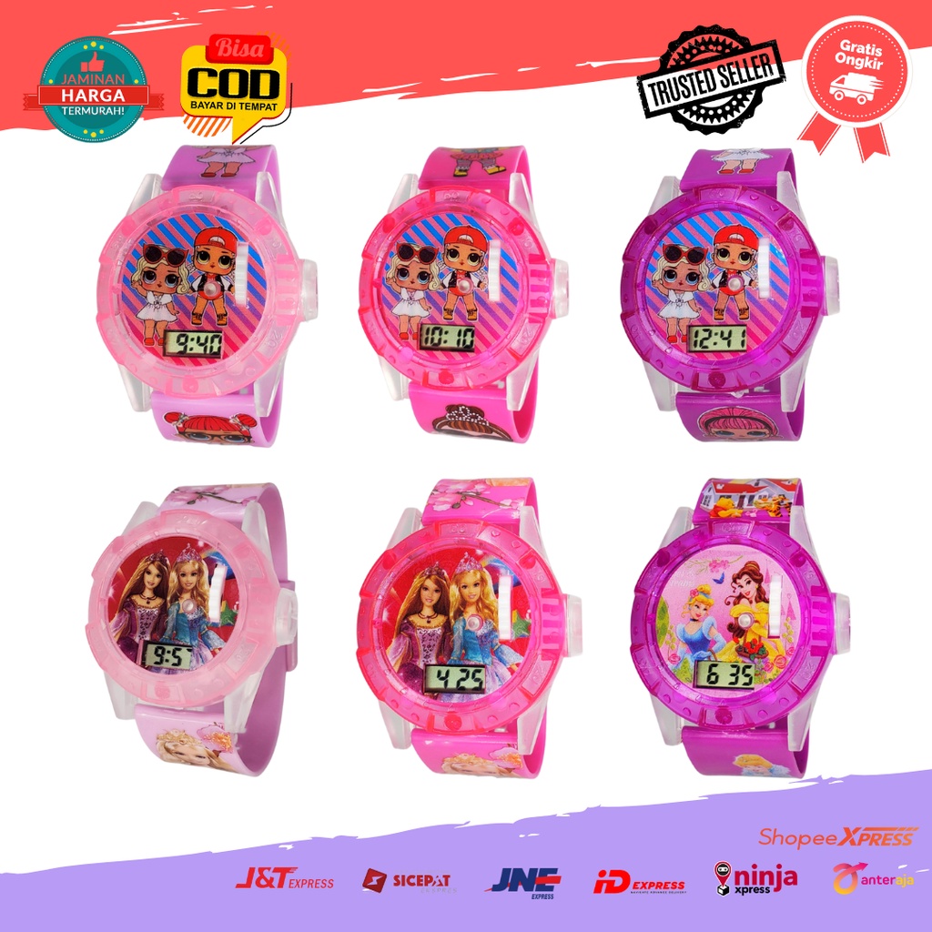 [COD] Jam Tangan Anak Laser Karakter Kartun Barbie LOL Mickey Mouse Masha Cewek Perempuan Lampu Proyektor Melodi