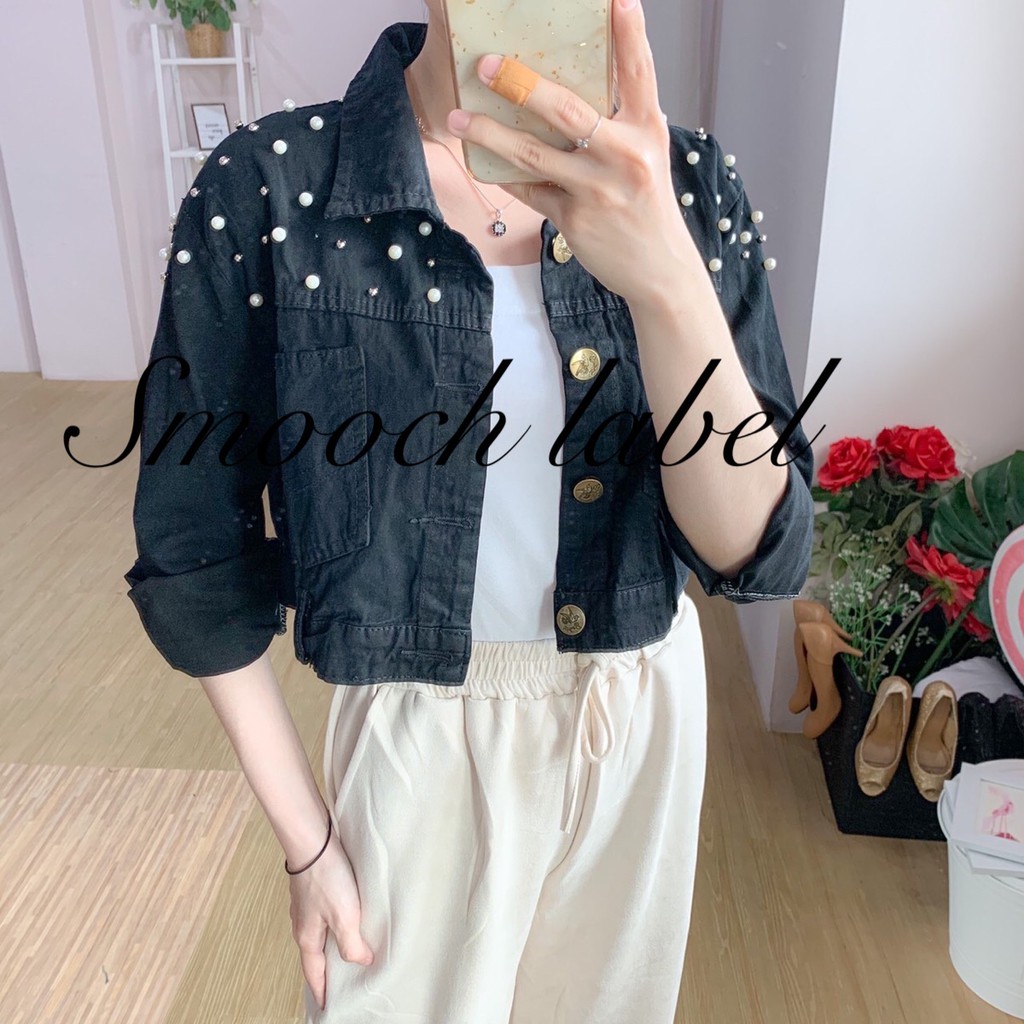 Pocket Pearls Jacket BLACK / jacket pearl denim jeans / jacket mutiara wanita / jacket blackacid