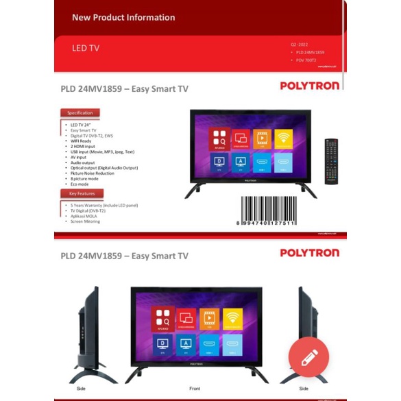 POLYTRON TV LED 24Inch Easy Smart TV PLD-24CV1869 Bisa Miracast