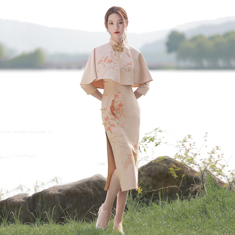 Cheongsam 2021 autumn winter new high-grade elegant shawl improved retro Republic of China suede two