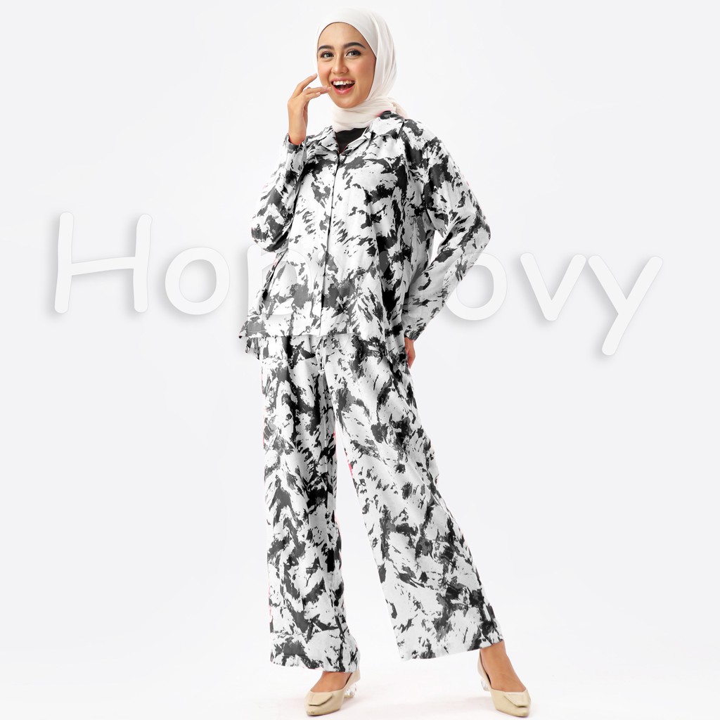 HOPYLOVY - Setelan Wanita Kemeja dan Celana Panjang Motif Tie Dye Kyodai Premium