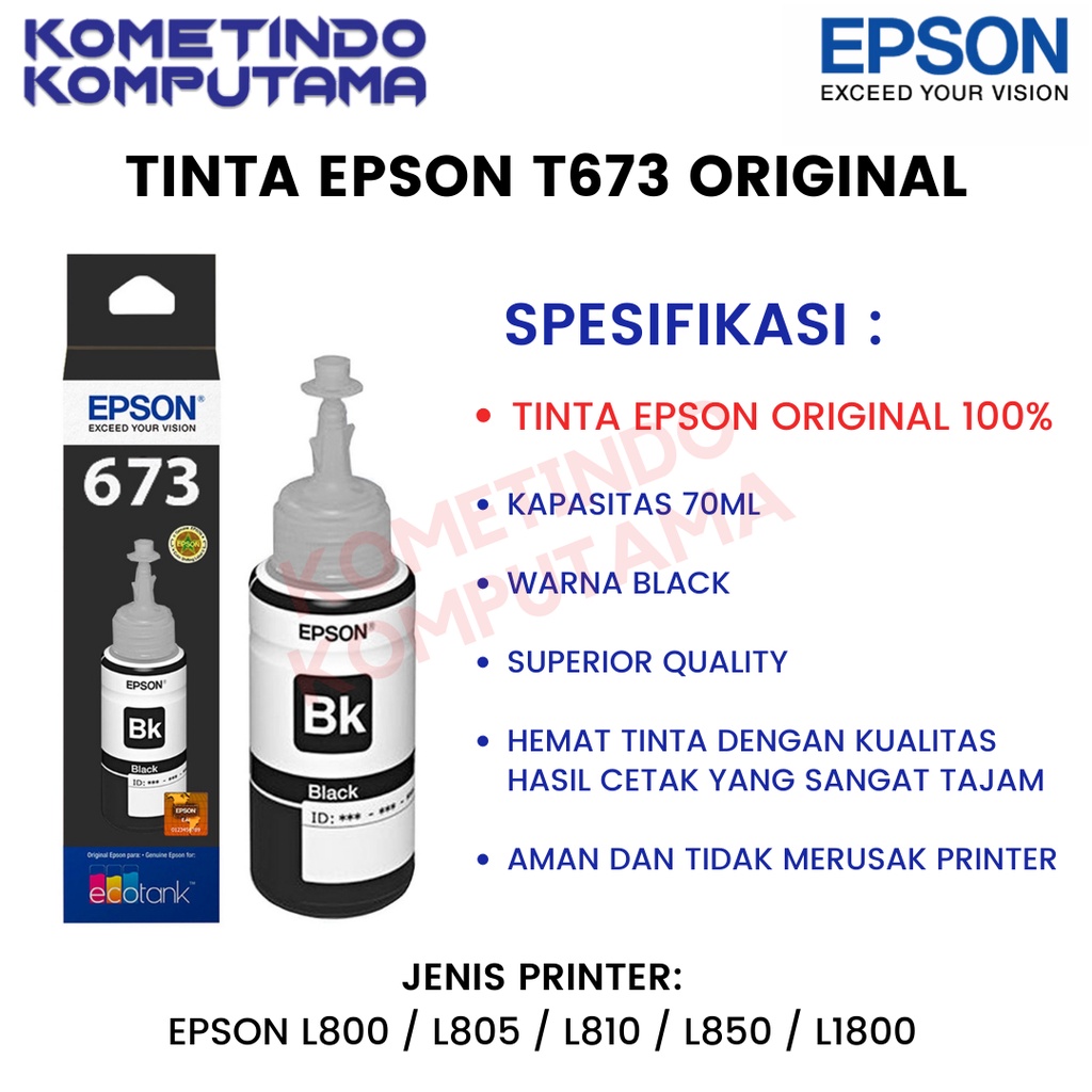 T 673 BLACK 70ml Tinta Epson Original Untuk Epson L800, L805, L850, L1800 T673 ORIGINAL 100% 673