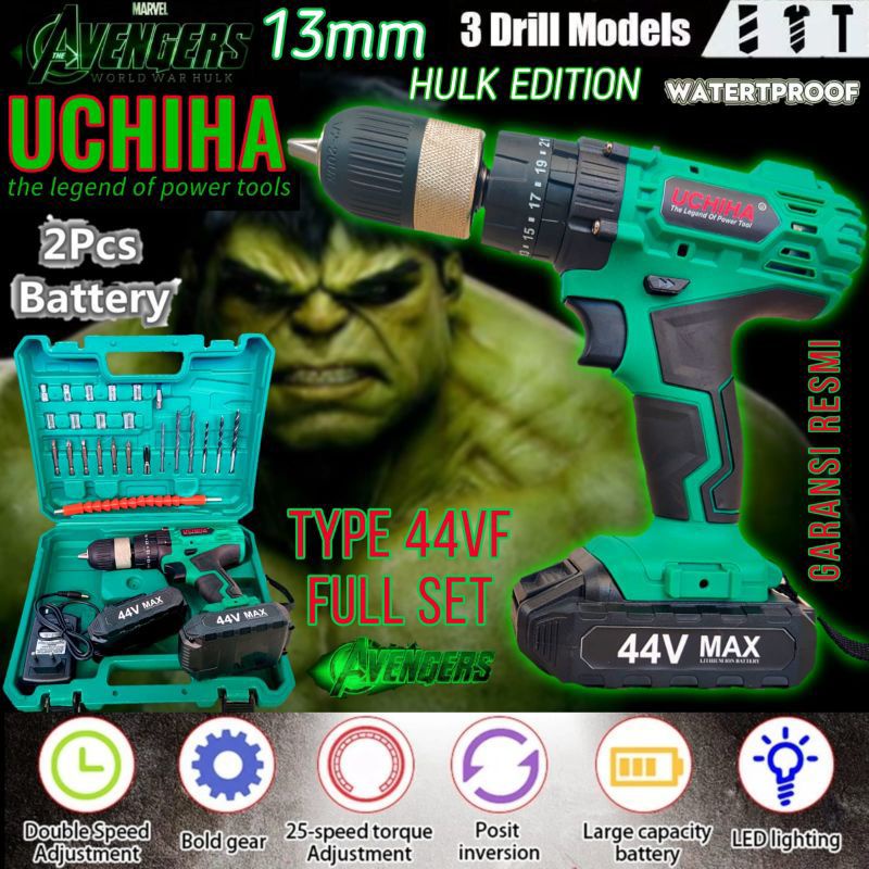 Mesin bor 13mm baterai tanpa kabel 13mm uchiha jld type 44vf cordless impact drill beton besi kayu t