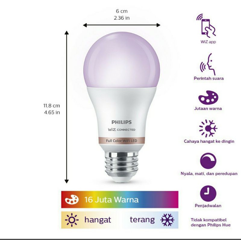 philips Lampu led smart wifi 9W. Color and tunable white (warna). Led wifi 9w philips 16 juta warna