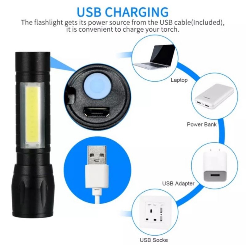 Senter Mini zoom LED XPE + COB  USB Charge Senter Led Super Terang