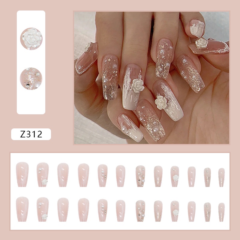 24pcs / Kotak Kuku Palsu Panjang Warna Putih Transparan Aksen Glitter Untuk Dekorasi Nail Art