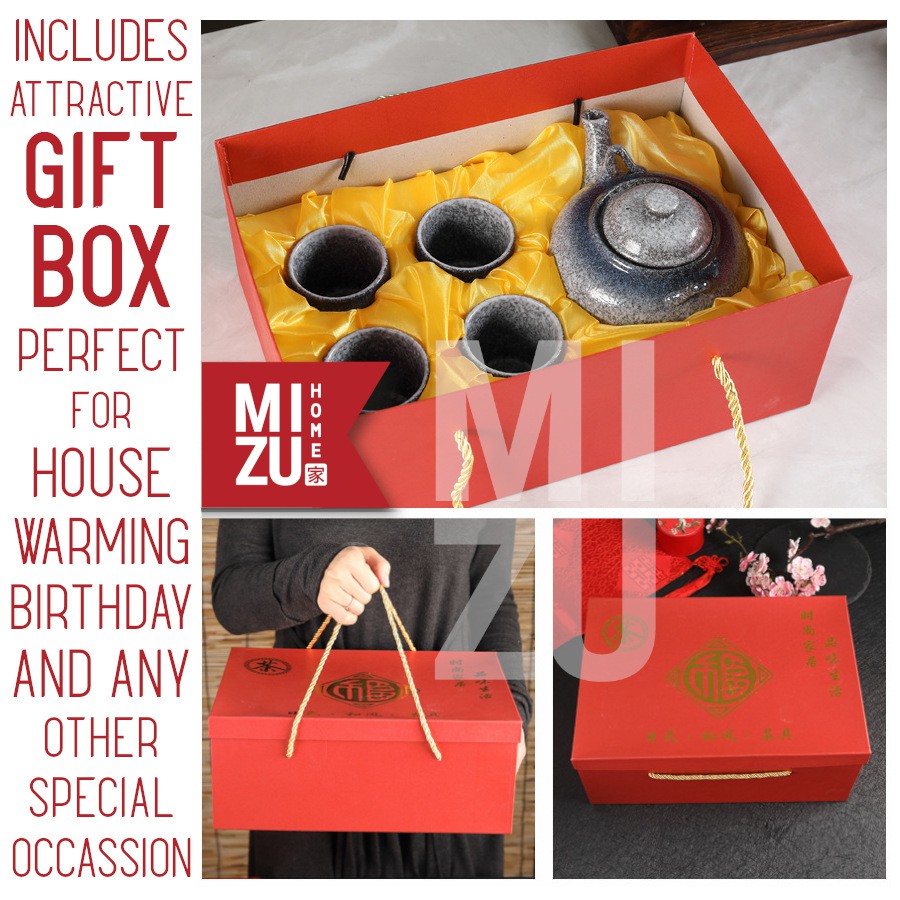 MIZU YOZAKURA Ceramic Tea SET Pot 4 Cups Strainer Tray Gift Box Teko 4 Cangkir Keramik Nampan Bambu-2
