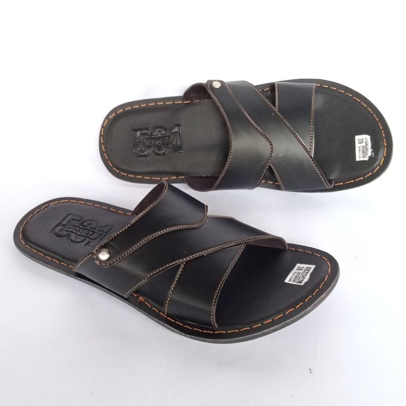 Sandal Pria Slop Kulit, Sendal Selop Pria, Sandal Slop Ban 2-Hitam2