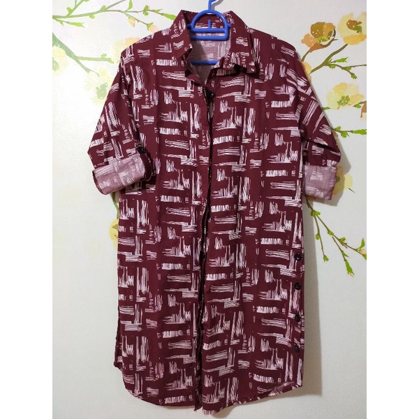 Dress Kerah Motif Corak Merah Red Lengan Panjang Skoder Real Pict Foto Asli Baju Atasan Blouse Batik