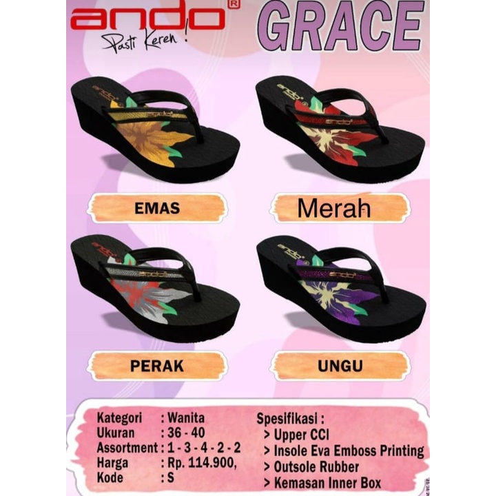 Ando Grace Terbaru Sandal Wedges Wanita 3 Warna Sendal Jepit Wedges Perempuan Ando Original