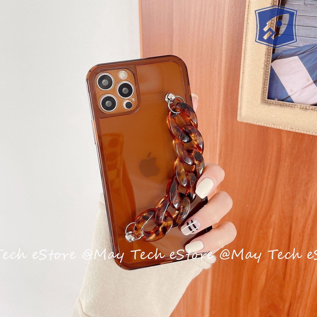 Casing iPhone Putih Beige / Biru / Coklat Coffee Transparan dengan Hand Grip Rantai iPhone X XS XR XSMAX 11 12 13 PRO PROMAX