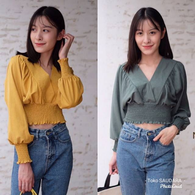 Blouse v neck lengan panjang kerut pinggang