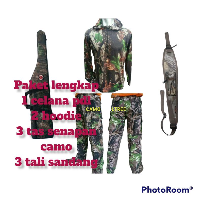 PAKET LENGKAP STELAN CAMO PERBAKIN - hoodie camo - celana camo - tali sandang - tas berburu