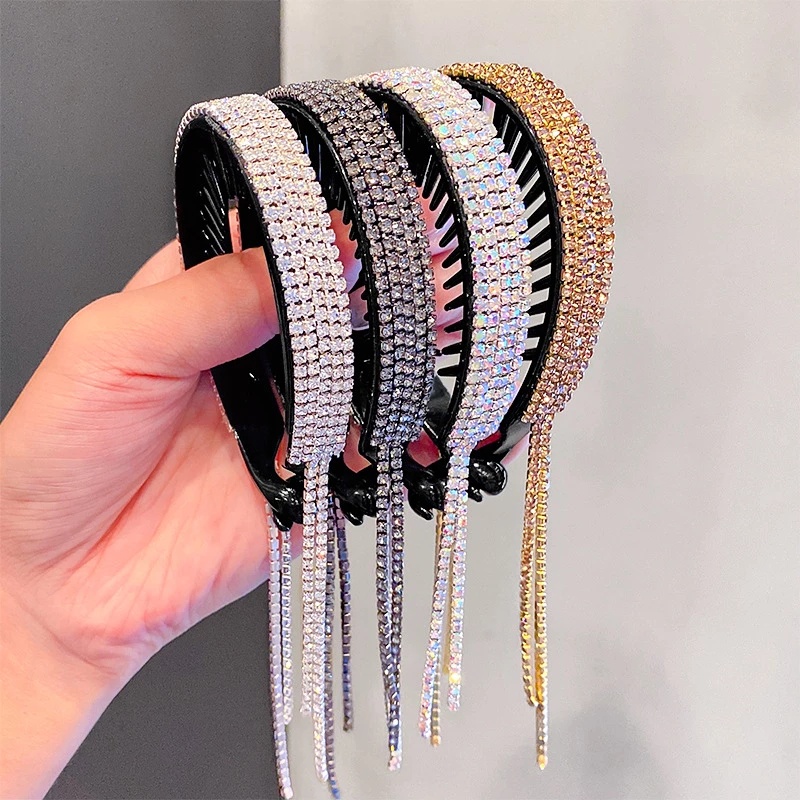 Women Elegant Luxury Rhinestone Tassel Ponytail Hair Claws / Fashion Crystal Hairband / Lady Sweet Meatball Head Hair Clips / Bridal Wedding Hair Accessories / Popular Hair Claw Headwear