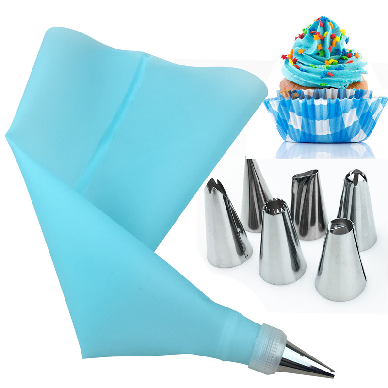 14Pcs/Set  Silicone Icing Piping Cream Pastry Bag With Stainless Steel Nozzle DIY Cake Decorating Tips Set / Reusable Pastry Bags Nozzle