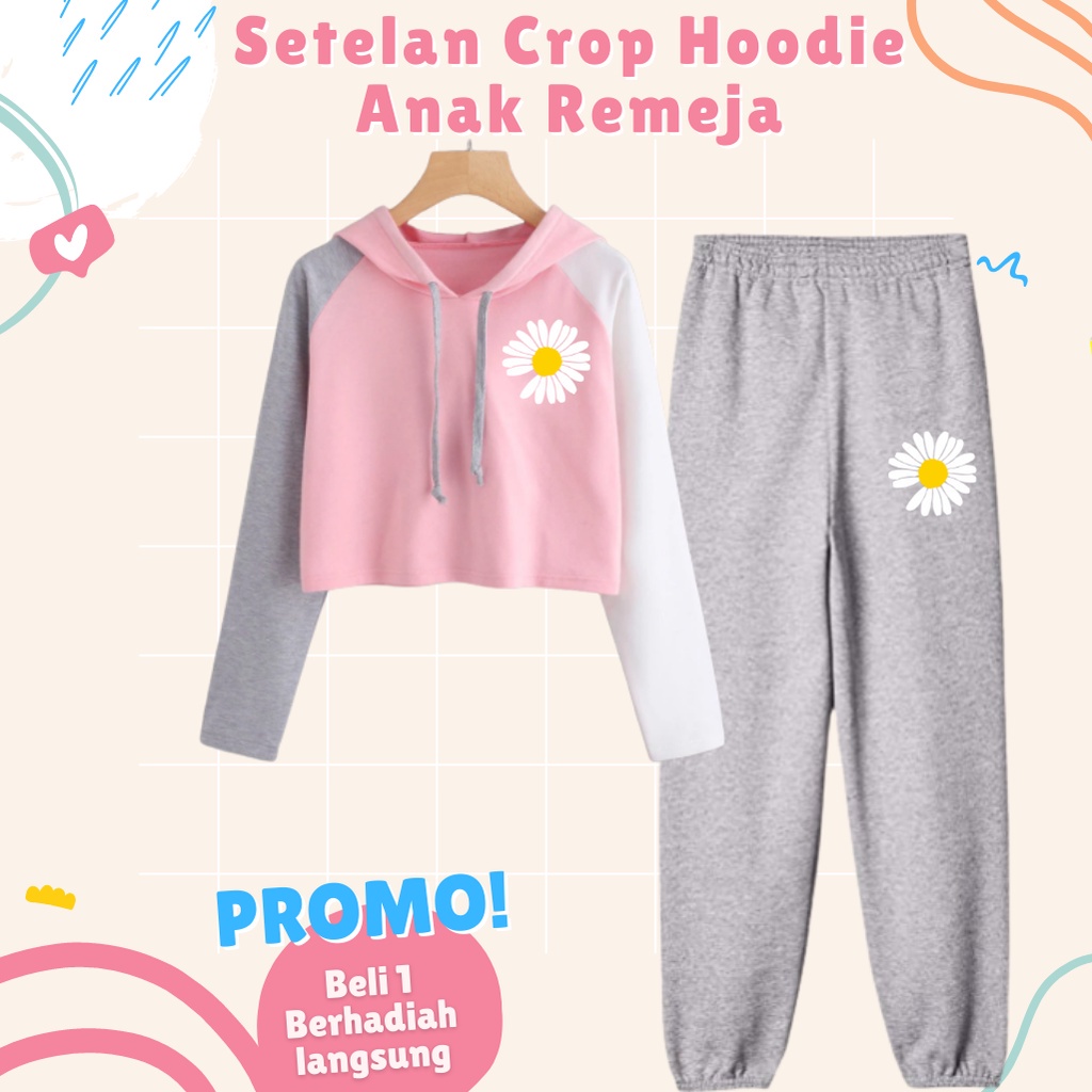 JBF Setelan Celana Joger Remaja Bahan Babyterry Crop Hoodie Motif Daisy Flower