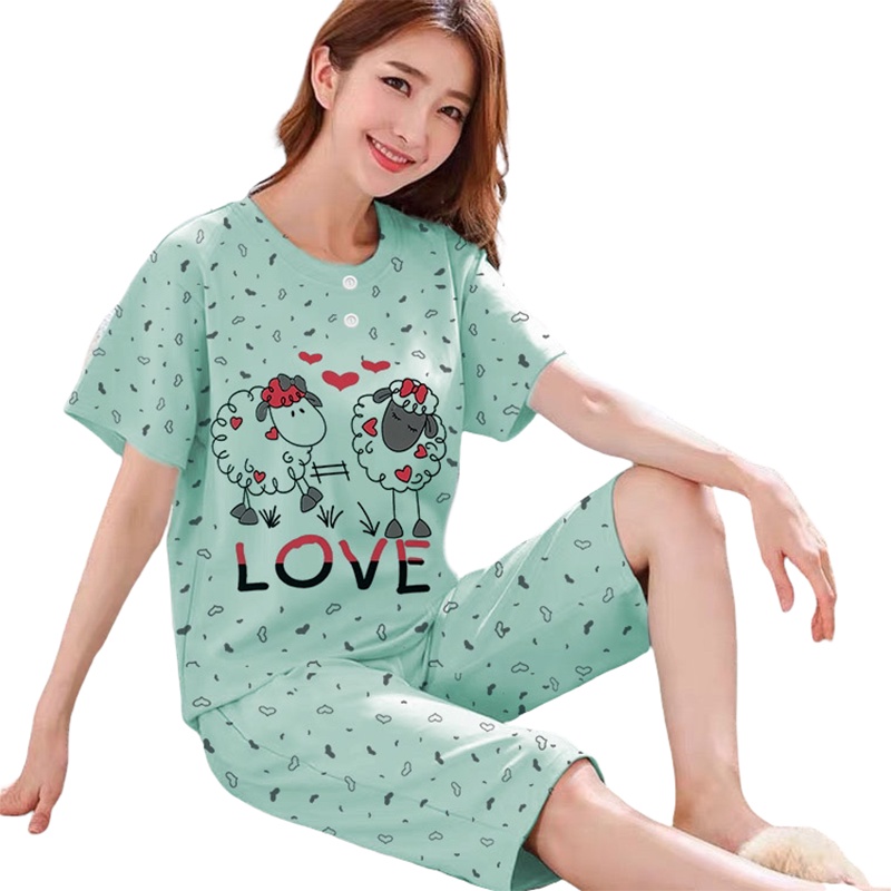 Lilipop.id  Baju Tidur Wanita 3/4 All Size Standar Sheep Setelan Piyama BabyDoll Kaos Celana Pendek