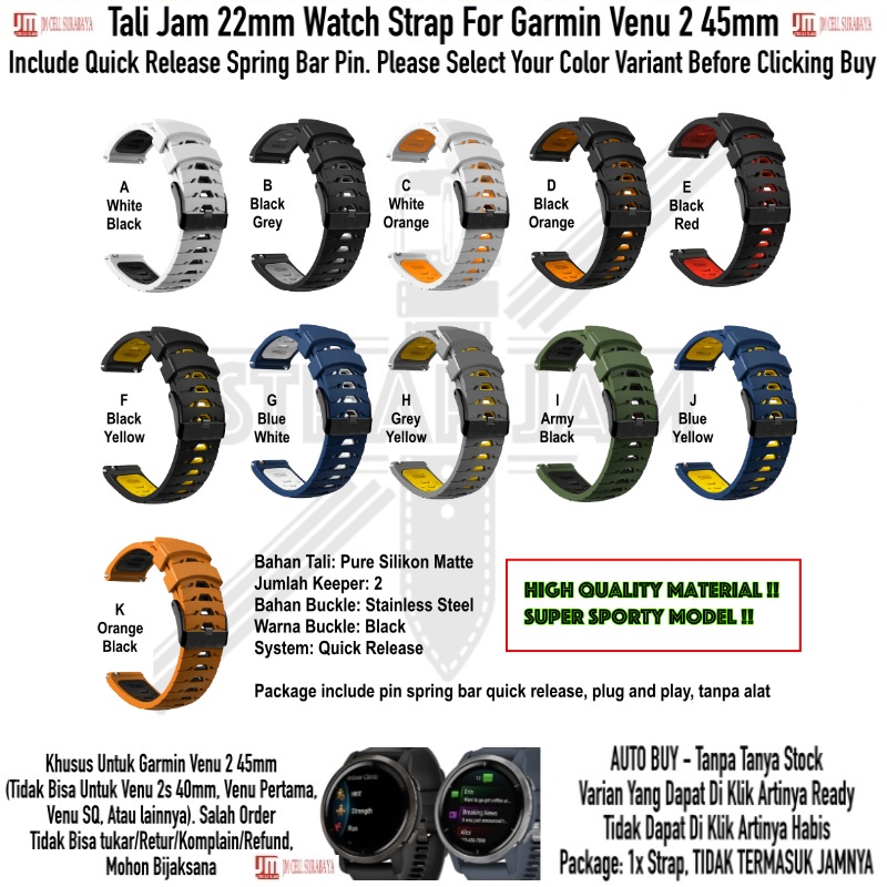 GTO Tali Jam Tangan Garmin Venu 2 45mm - Strap 22mm Rubber Silikon Sporty Olahraga