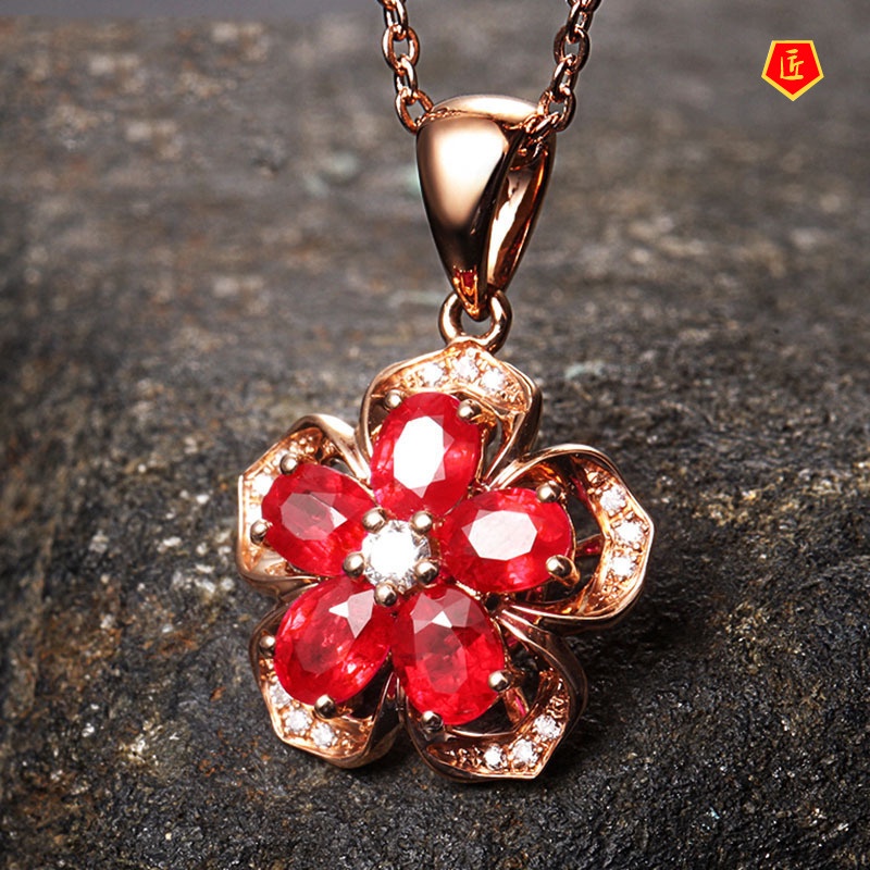 [Ready Stock]Ruby Rose Flower Pendant 18K Rose Gold Simple Elegant Accessories