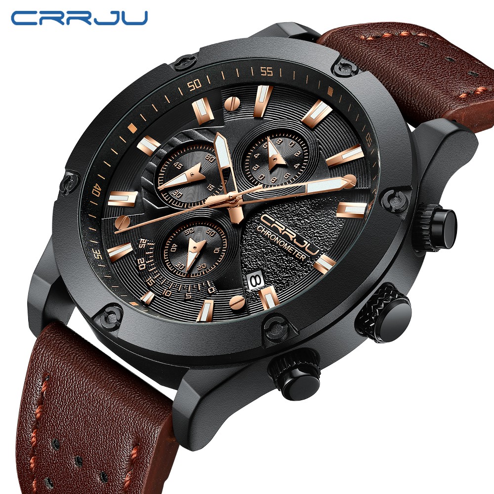 CRRJU Jam Tangan Quartz Chronograph Anti Air dengan Strap Kulit untuk Pria