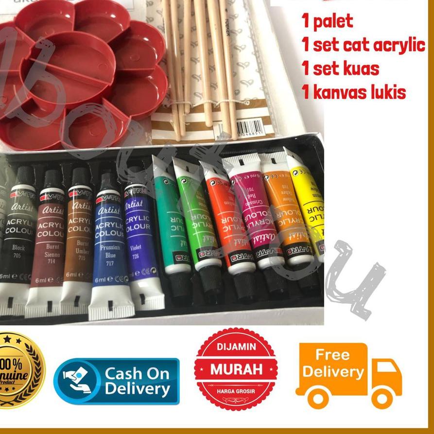 

PAKET LUKIS KOMPLIT 4 in 1 KANVAS Besar Cat Akrilik Palet Kuas Set Melukis Lengkap
